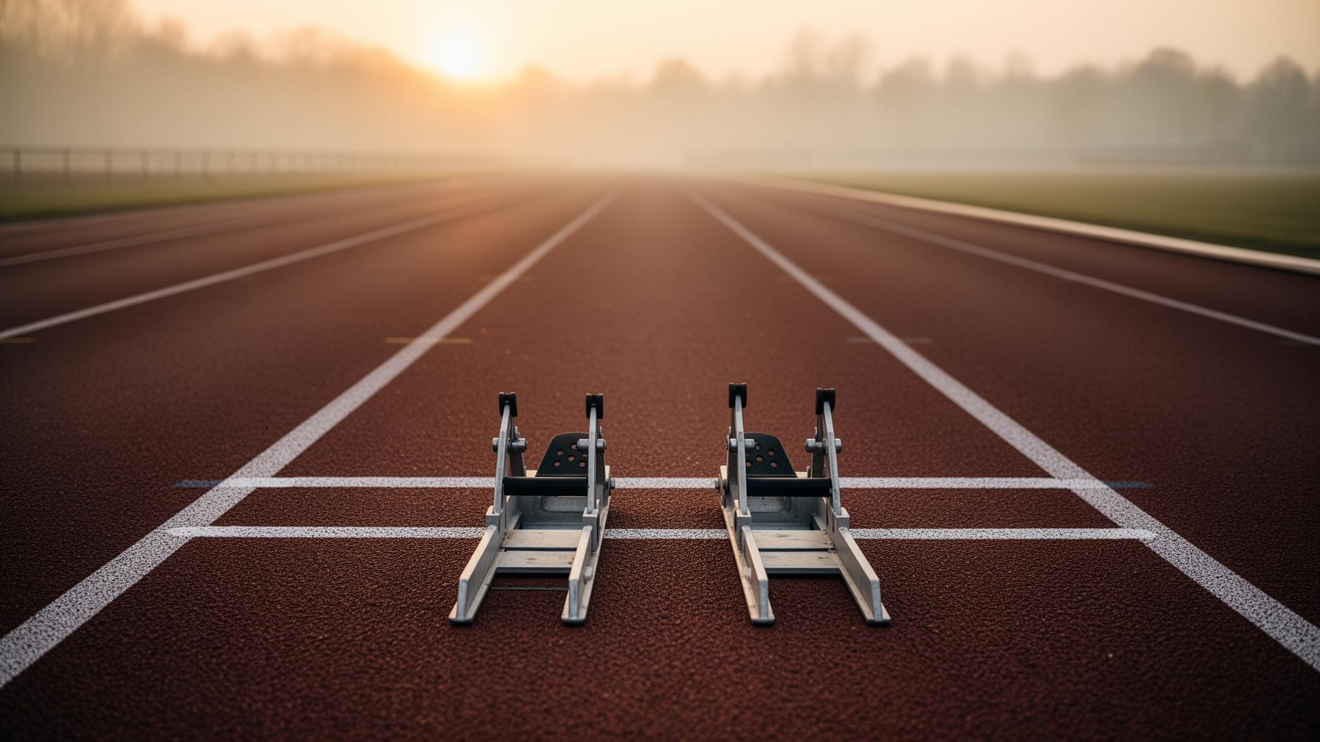Empty athletics track at dawn with starting blocks
